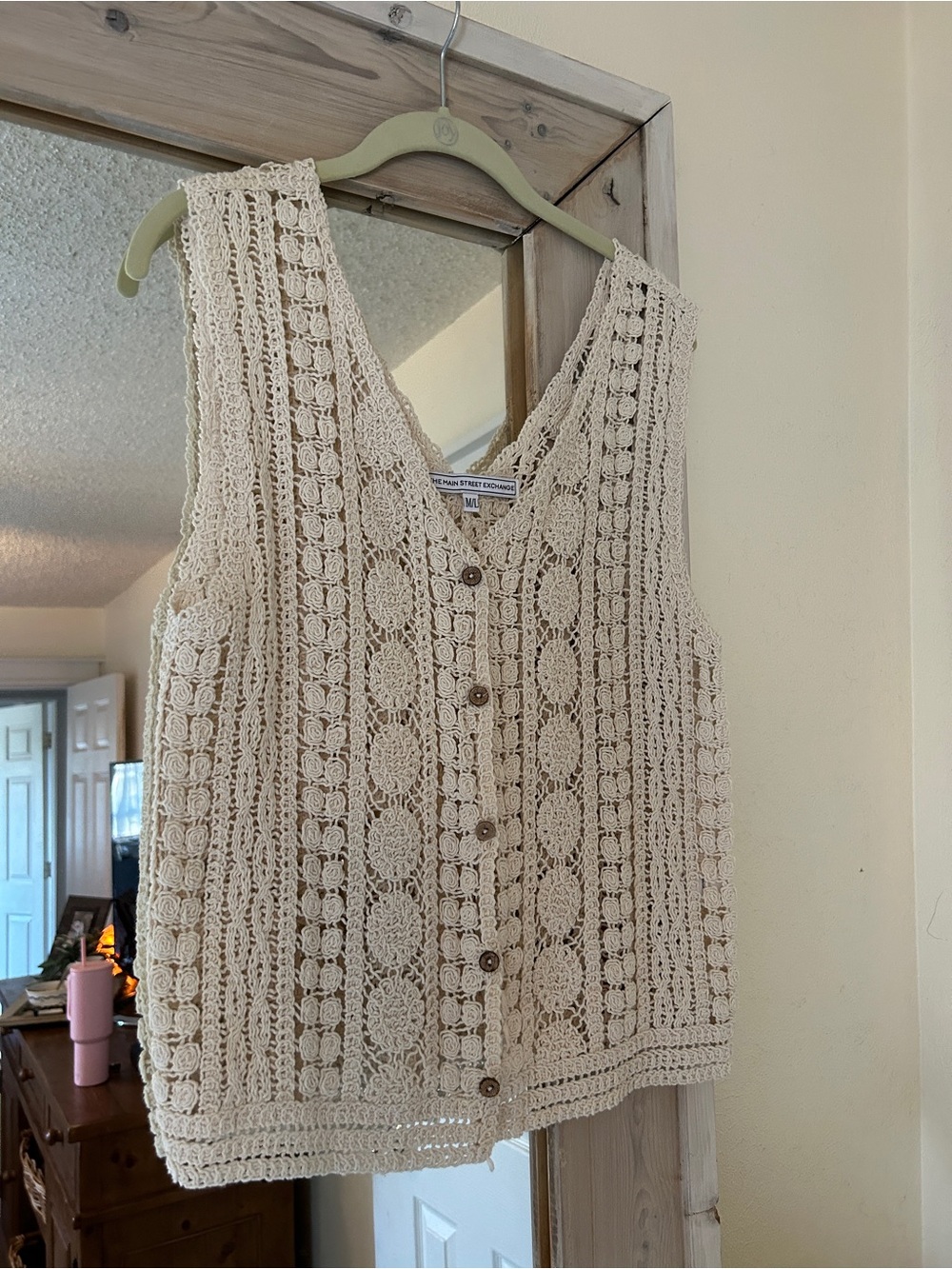 100% Cotton Crochet Button-Front Sleeveless Sweater Vest Cream Main St. Exchange